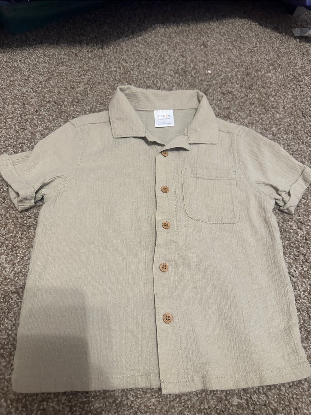 Linen-Blend Short Sleeve Button-Up Shirt - Beige